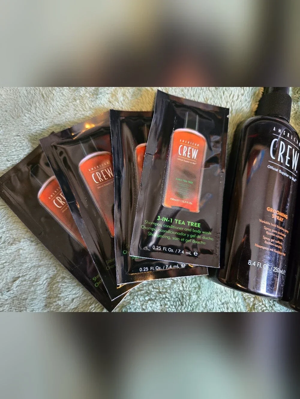 AMERICAN CREW MENS BUNDLE- GROOMING SPRAY,DETOX, SILVER,DAILY SHAMPOO + TEA TREE